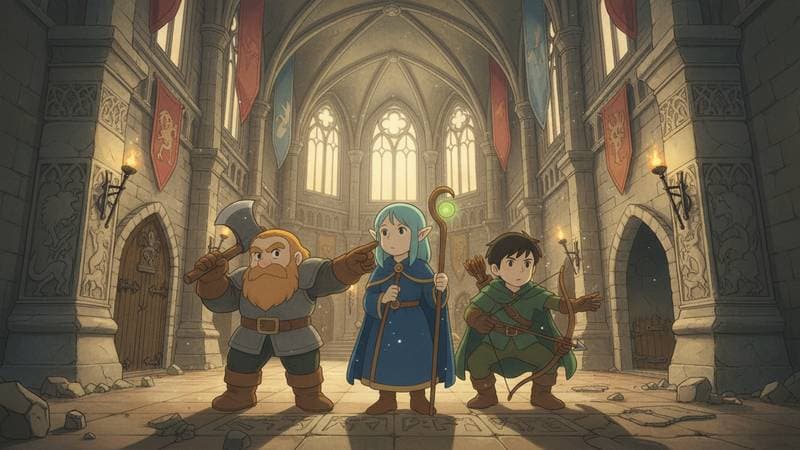 Adventuring party in a vaulted hall