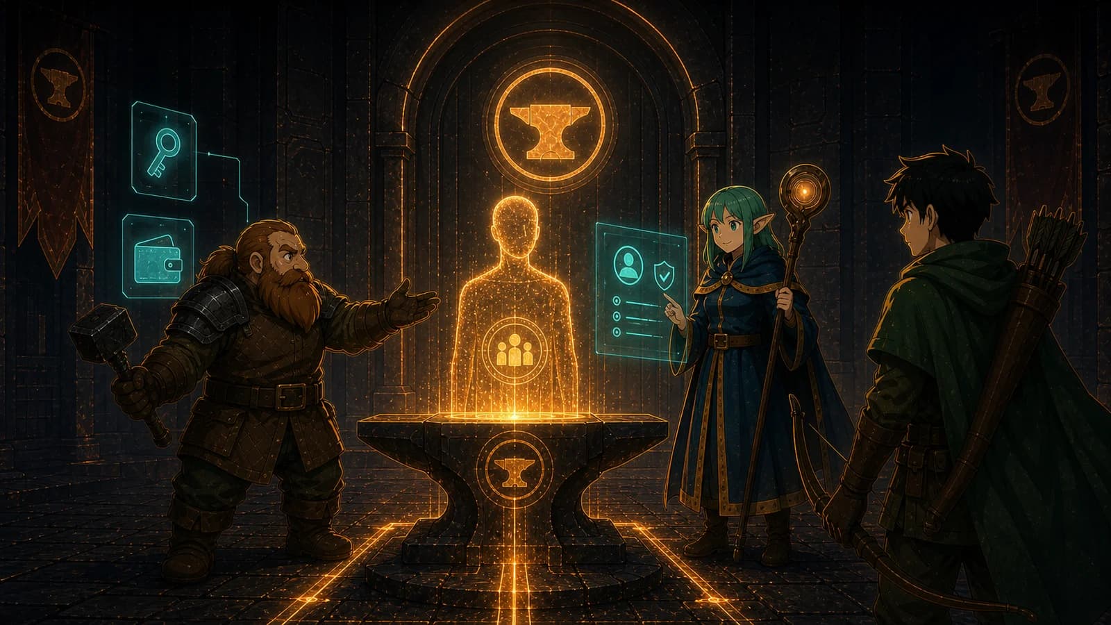 ForgeAI characters operating prize-pool settlement rails in an anvil vault