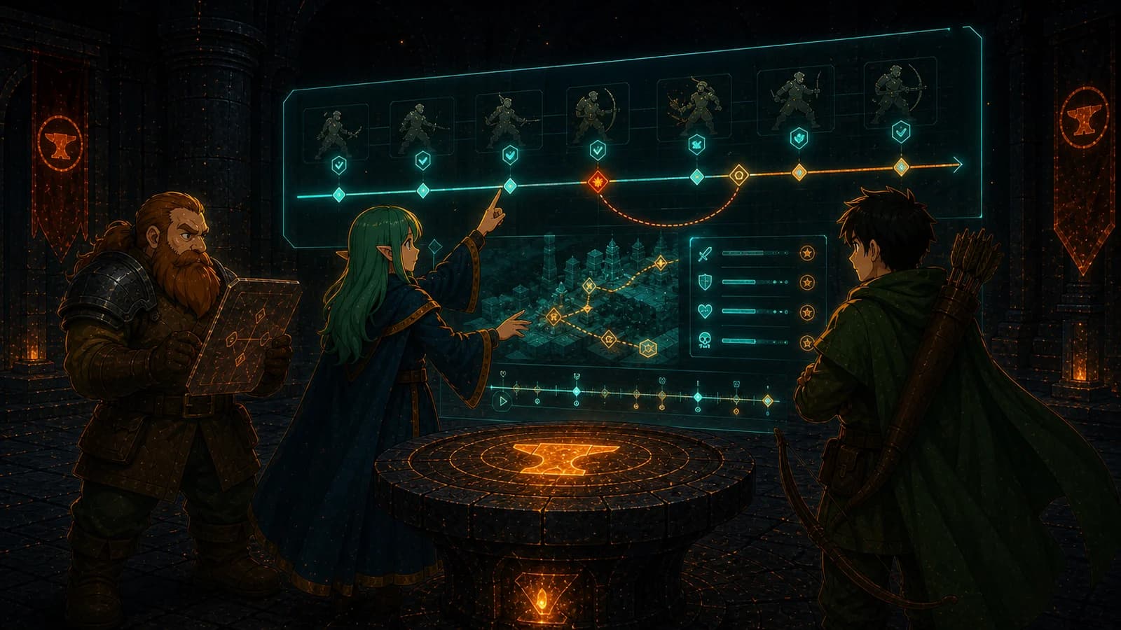 ForgeAI characters reviewing a replay timeline and fairness audit wall