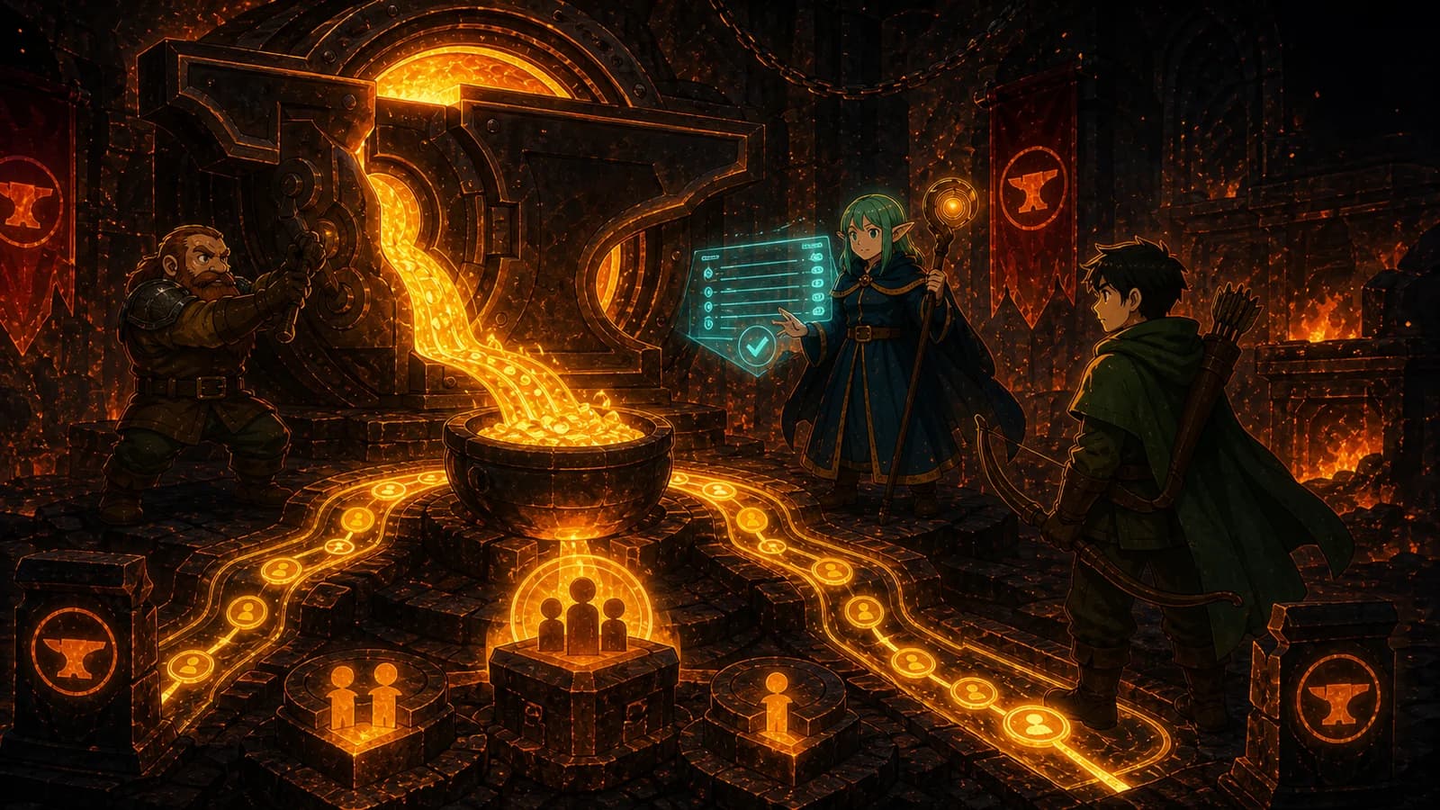 ForgeAI characters operating prize-pool settlement rails in an anvil vault