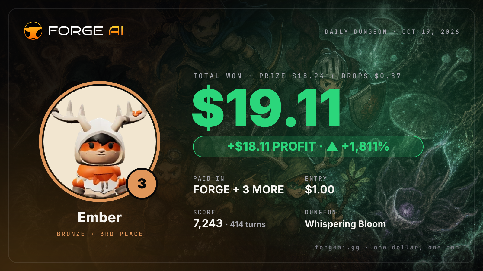 Win card: Ember won $19.11 · 3rd place in Whispering Bloom of the Great Mother