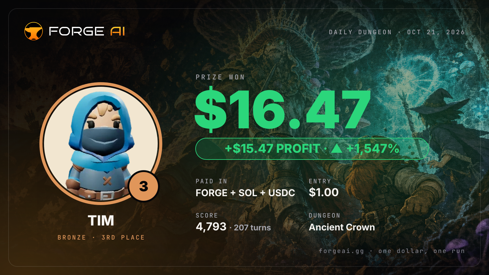 Win card: TIM won $16.47 · 3rd place in Ancient Crown of the Glowing Choir