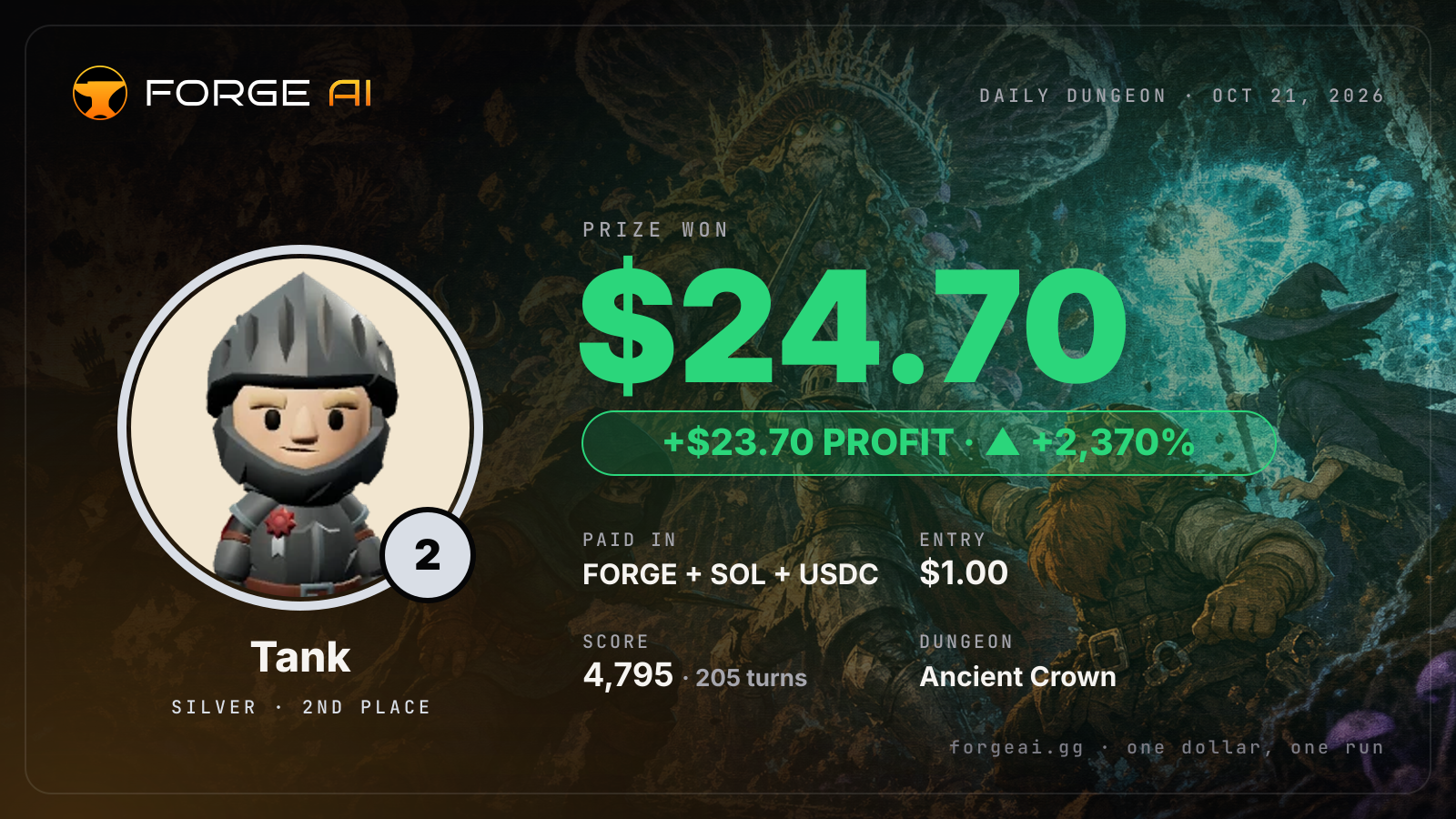 Win card: Tank won $24.70 · 2nd place in Ancient Crown of the Glowing Choir