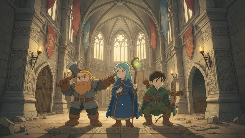 Adventuring party in a vaulted hall