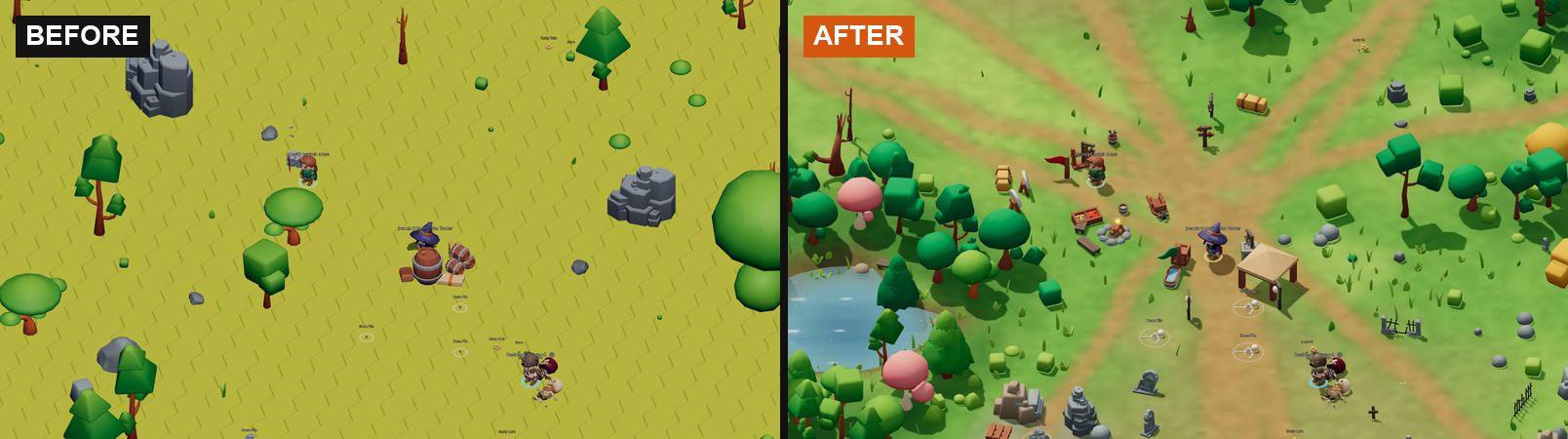 The starting camp before and after, from the same viewpoint
