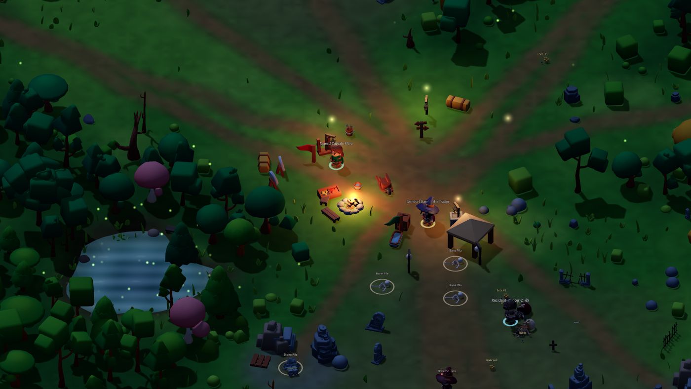 Hearthstead at night, lit by the campfire and lanterns