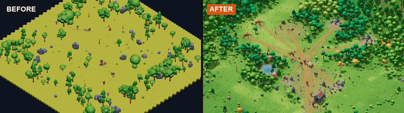 The whole of Greenhollow before and after the rebuild, at the same zoom and time of day